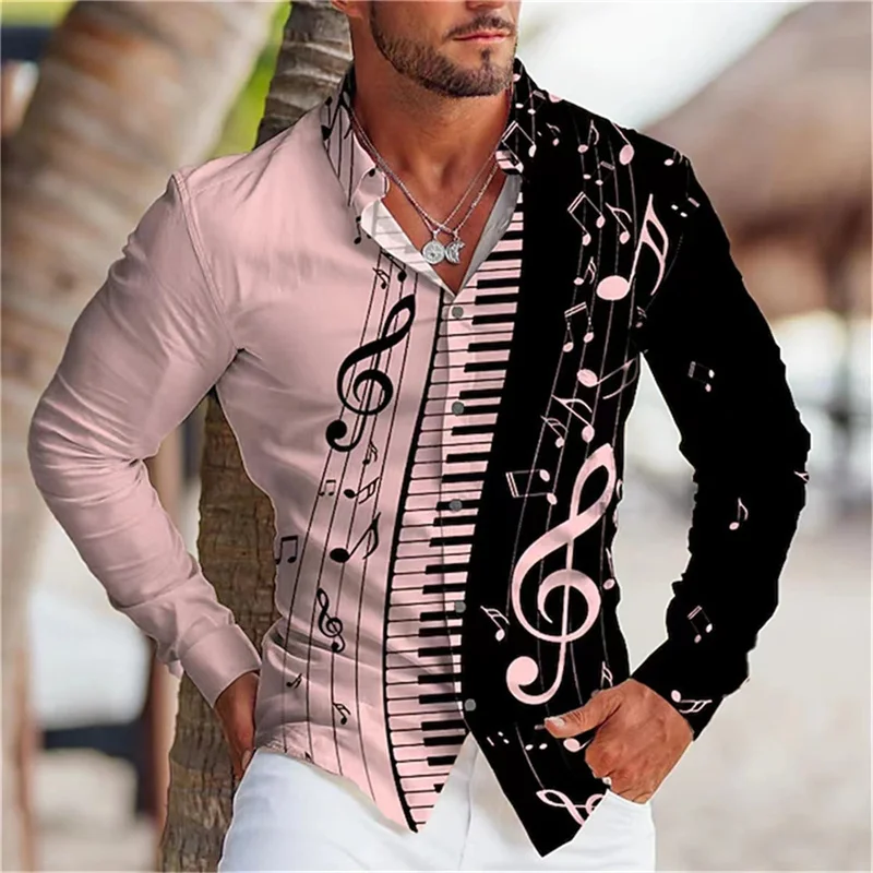 Chemise à manches longues pour hommes avec imprimé musical, t-shirt boutonné, design confortable et élégant, tenue décontractée, nouvelle