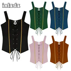 Pirate Renaissance Corset Costumes for Girls Steampunk Pirate Vest Viking Costume Bodice Lace-up Gold Trim Suede Tops