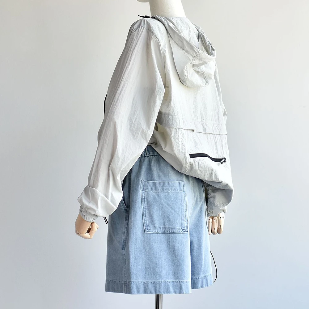 女性ライトブルーデニムショーツ夏アメリカンスタイル巾着ウエストゴムホットパンツ女性カジュアルルーズワイドレッグショーツ