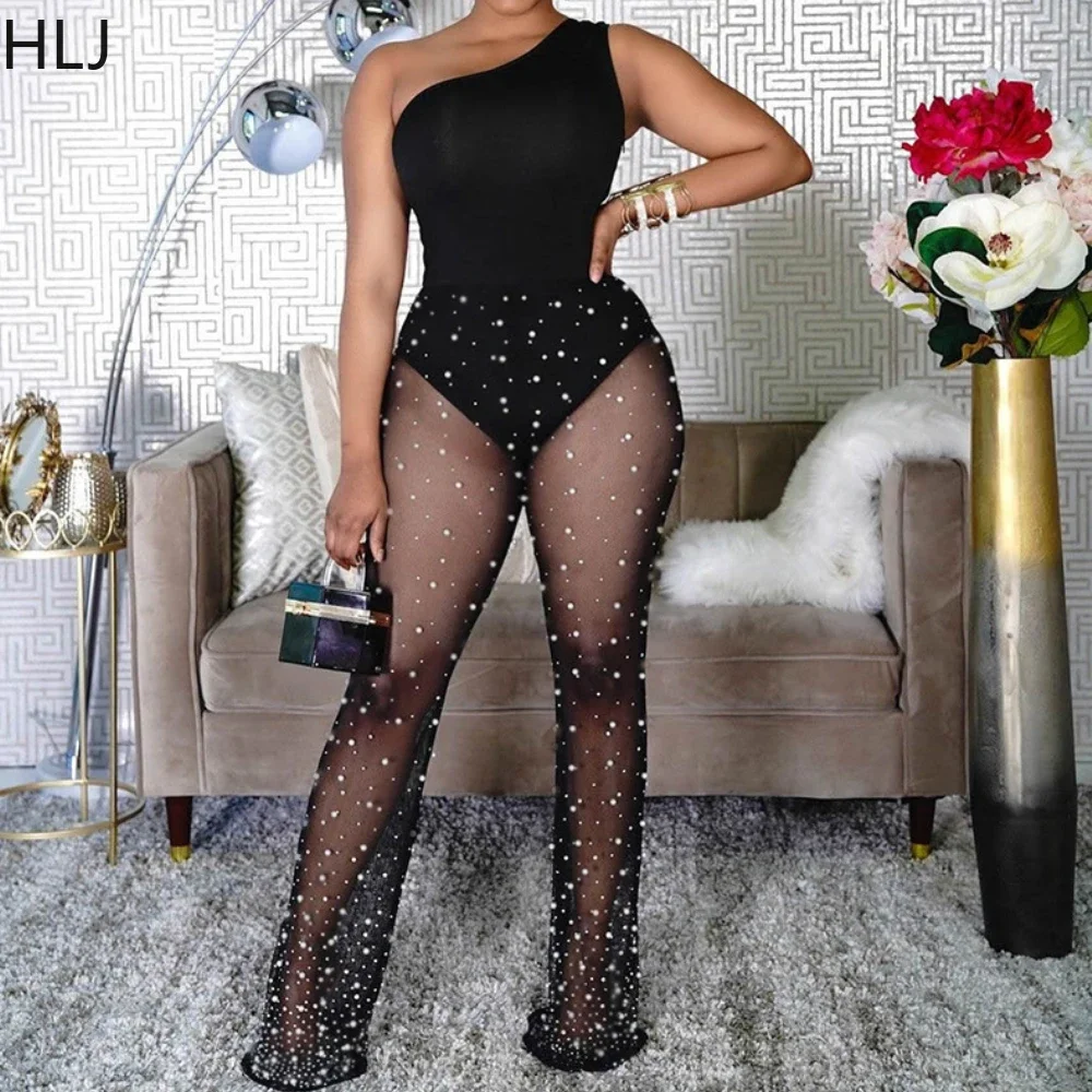 HLJ Black Sexy Mesh See Though Pants Two Piece Sets Fashion One Shoulder Sleeveless Bodysuits And Pants Outfits Fashion Clubwear