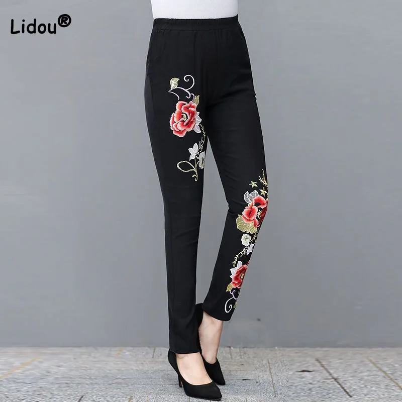 

Vintage Embroidery Printing High Waist Women Trousers Spring Autumn Pockets Loose Black Ethnic Wind Casual Micro Flare Pants