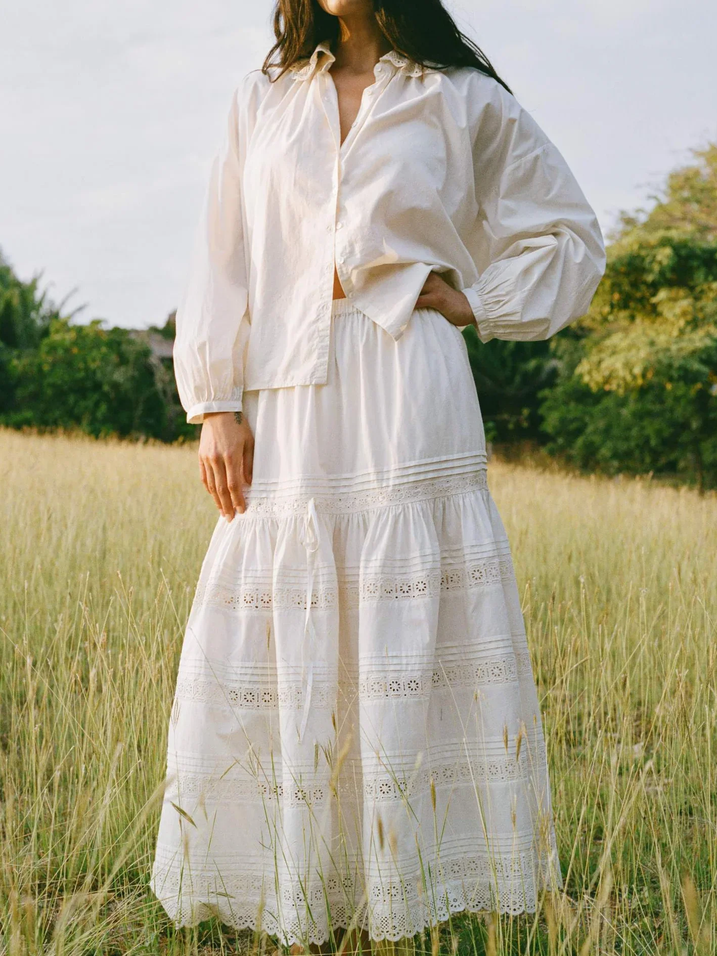 

Heavy Embroidery Women Cotton Long Skirt Hollow Out Elastic Waist A-Line Loose Ladies Jupe