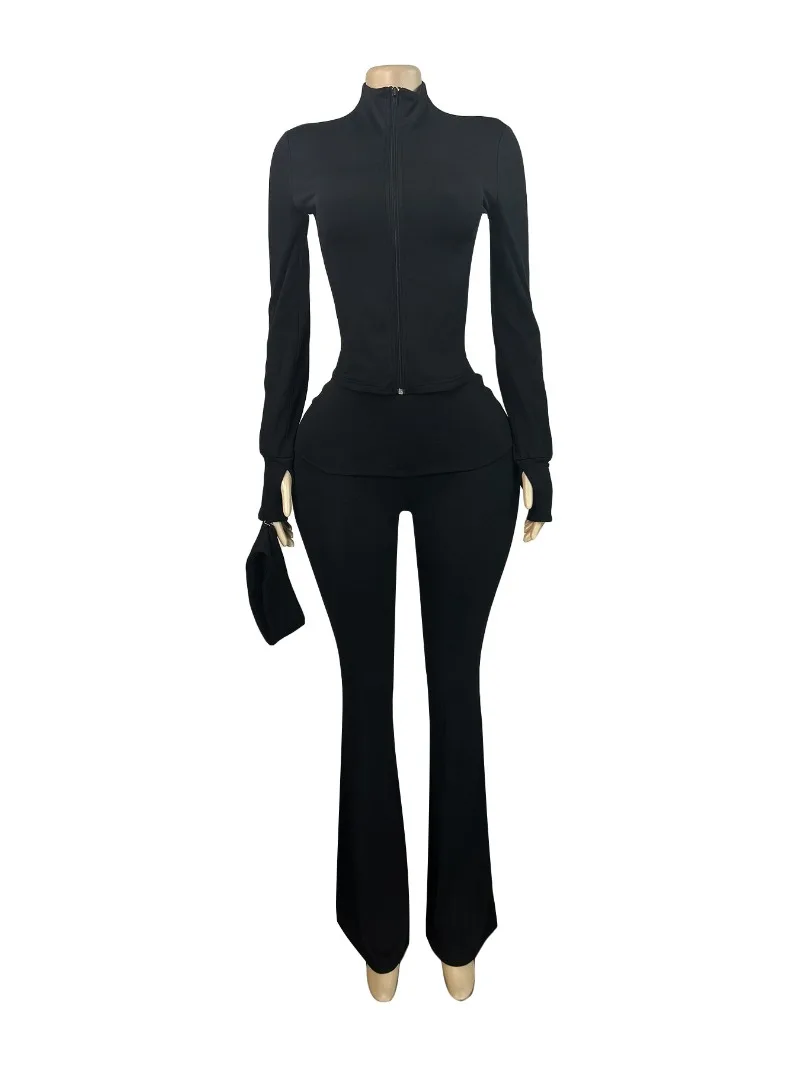 Women Solid Fleece Tracksuits Slim 2 Piece Set with Headband Long Sleeve Zipper Jackets Tops + High Waist Flare Pants Suits