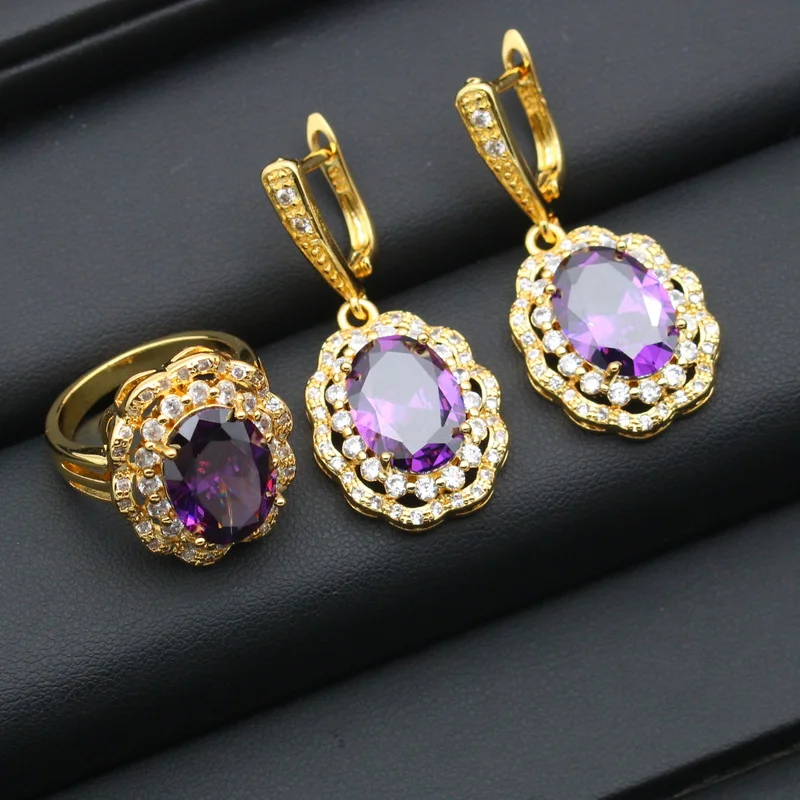 Luxurious Purple Zirconia Gold Color Bridal Jewelry Sets For Women Wedding Earrings Pendant Ring Bracelet Chain  Gift