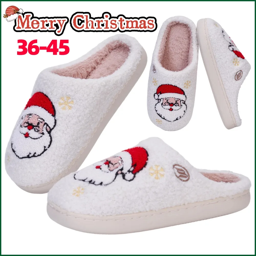 

Женские домашние тапочки на мягкой подошве, рождественские мягкие пушистые плюшевые тапочки Санта-Клауса, нескользящая теплая домашняя зимняя обувь на плоской подошве