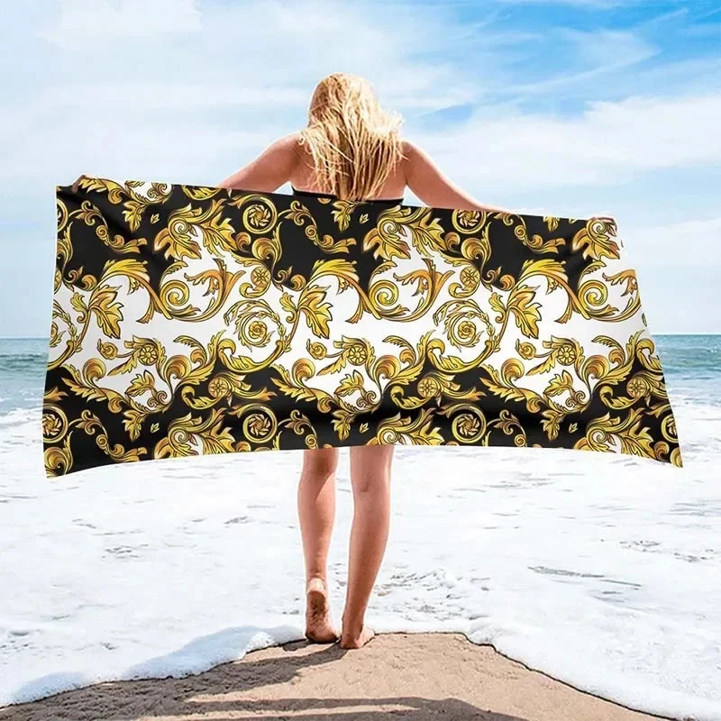 Luxury Black Gold Greek Key Bath Towel Microfiber Absorbent Quick-Dry Beach Towel Large Towel 70x140cm 100x200cm for Women Men