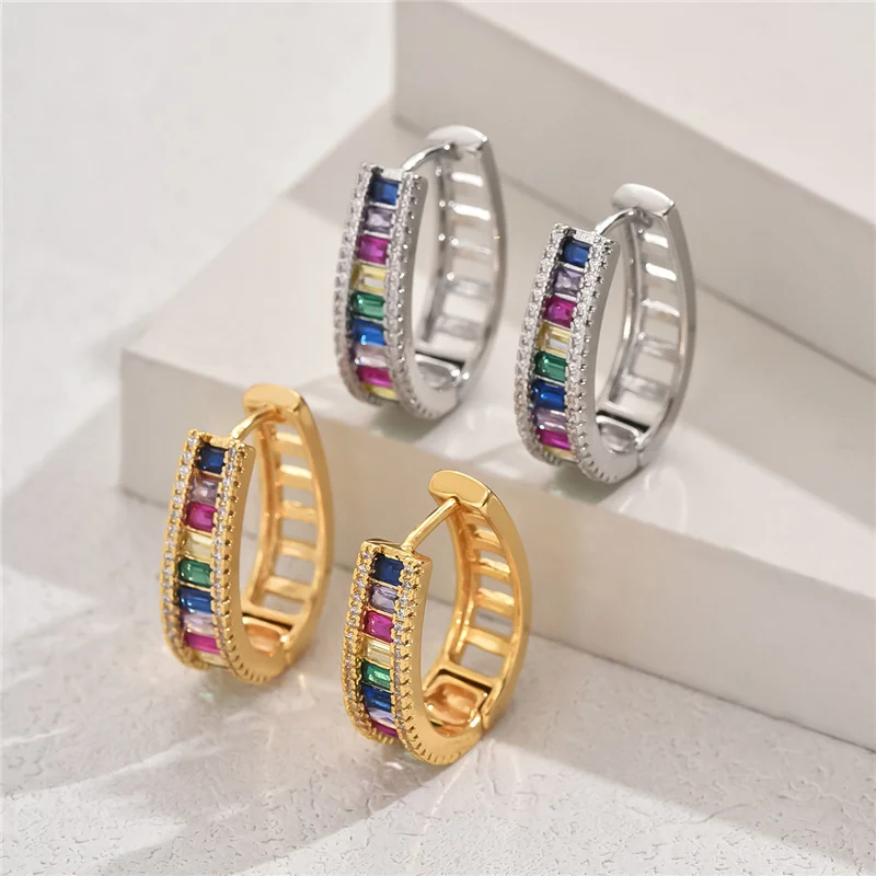 Mystic Rainbow Zircon Stone Geometric Hoop Earrings For Women Fashion Gold Silver Color Wedding Jewelry