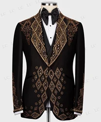 3 pezzi abiti da uomo un bottone cristalli perline d'oro diamanti ampio bavero smoking Slim Wedding Groom Prom Plus Size Costume Homme