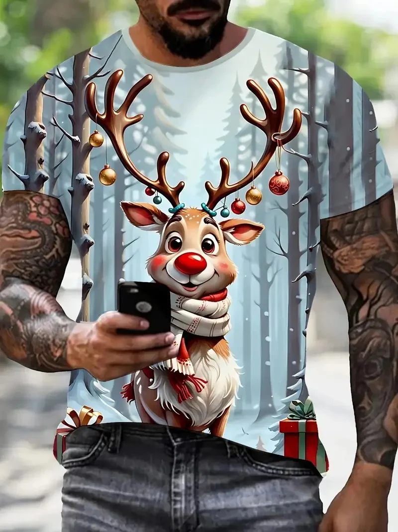 الرجال حفلة عيد الميلاد التي شيرت ثلاثية الأبعاد طباعة بدلة وهمية نمط تصميم قصيرة الأكمام الجولة الرقبة التي شيرت مع ندفة الثلج شجرة عيد الميلاد الطباعة #6