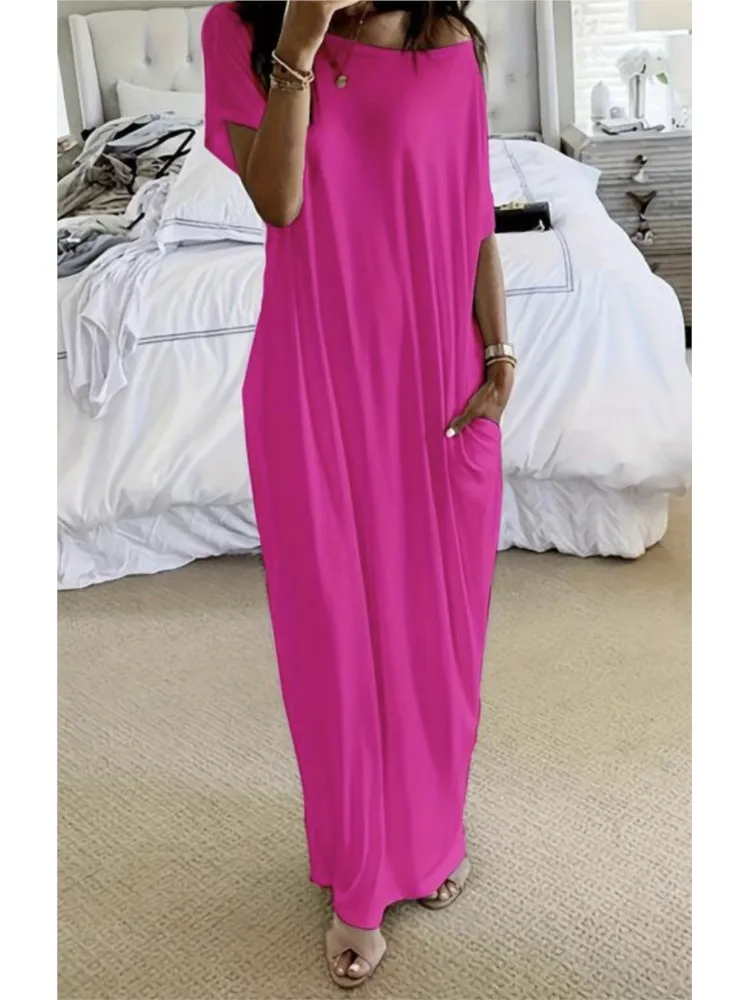 

Sexy Slanted Collar Woman's Dress Spring Summer Female Casual Solid Colors Long Dresses Fashion Short Sleeves Vestidos For Lady