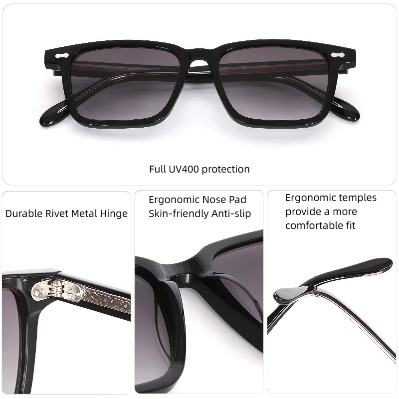 LumoGaze Modische Retro Quadratische Damen-Sonnenbrille Retro Herren-Luxus-Sonnenbrille mit Nieten-Design Handgefertigte Acetatfaser-Sonnenbrille UV400 – Detail 9