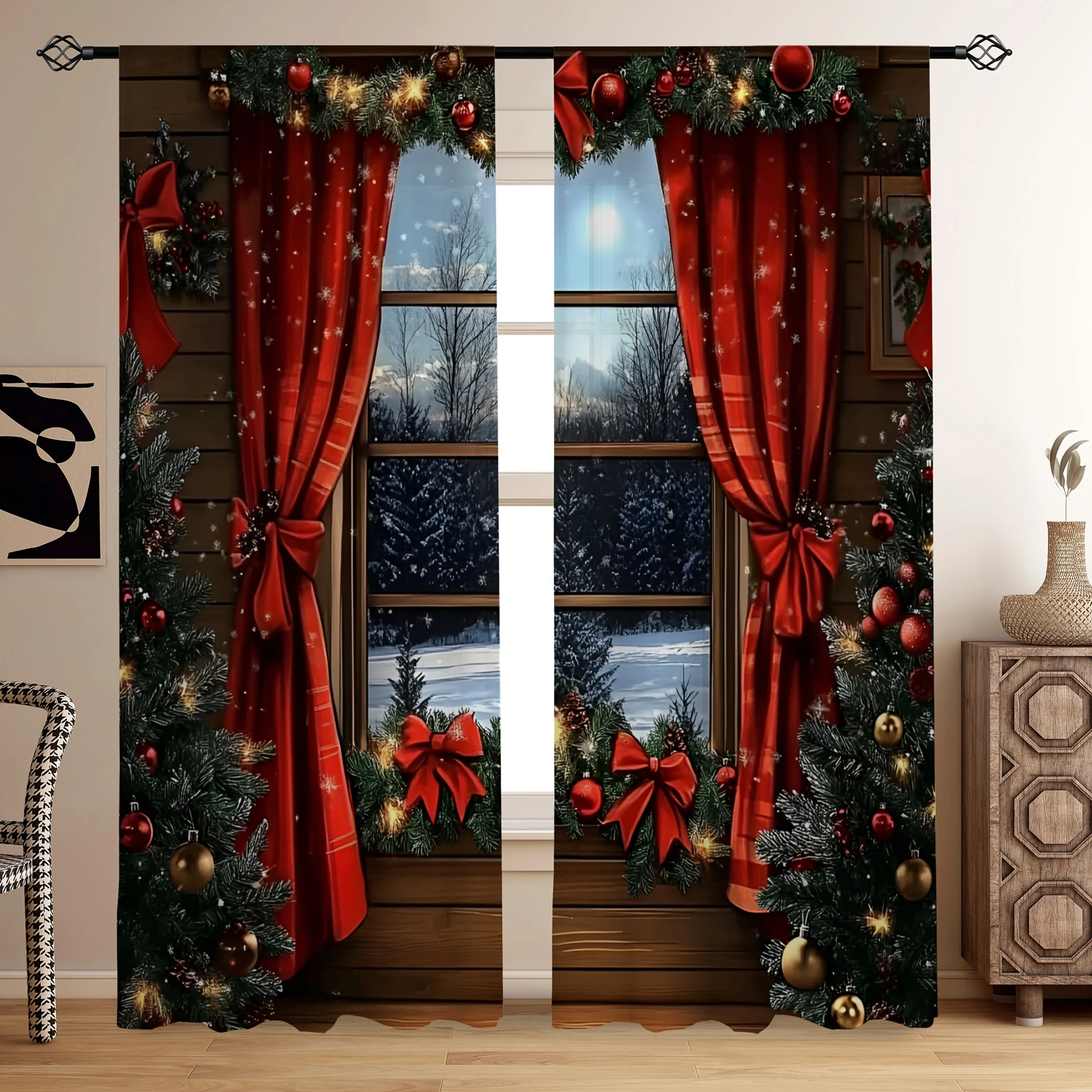 Christmas Snowy Landscape Curtains 2pcs, Red Semi-Transparent  Rod Pocket for Living Room Bedroom Kitchen All-Season Decor