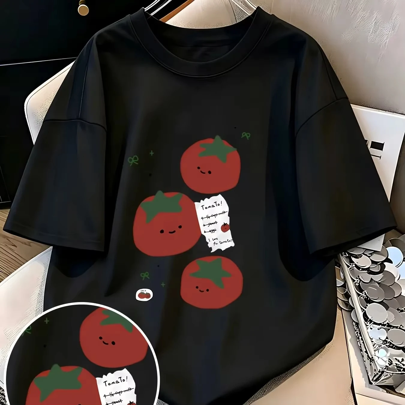 New Spring and Summer Men's and Women's  Cotton Short-Sleeved T-Shirt, Fresh Smiling Face Tomato Print Loose and Slimming