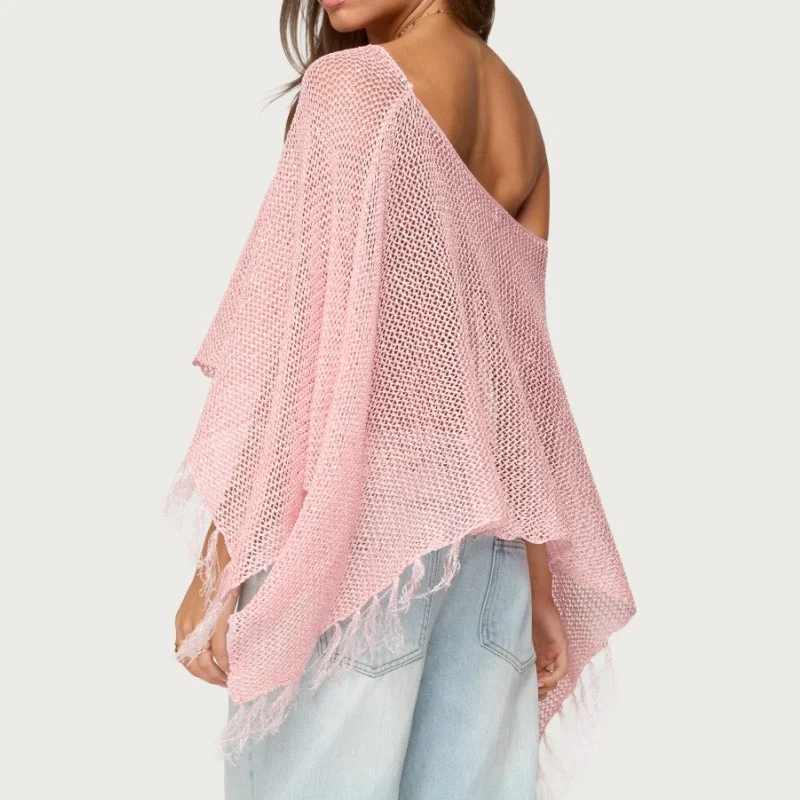 Häkelstrick-Badeanzug-Vertuschungen für Damen mit Quasten am Saum, lockere Passform, aushöhlen, durchsichtige, schulterfreie Strickpullover-Oberteile