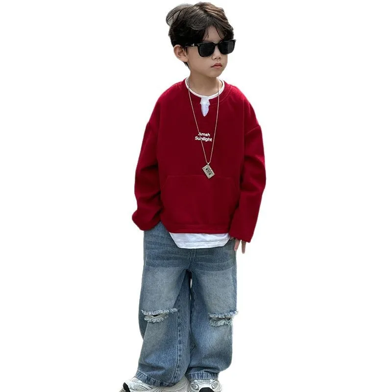 

Boys Sweater 2026 Spring New Korean Version of Children's Red Casual Children's Spring Top Medium Children's Jumper