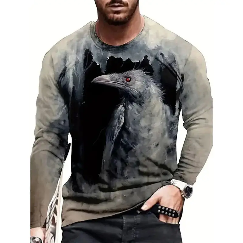

Men's Fashion 3d Printed Spring And Autumn Harajuku Retro Animal Pattern Long-Sleeved Round-Neck T-Shirt, Personalized Top