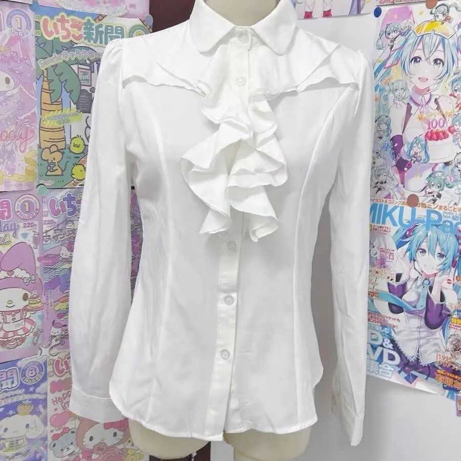 Estilo gótico japonês lolita camisa blusa feminina vintage mangas compridas camisas y2k das mulheres topos estética babados jk magro blusas