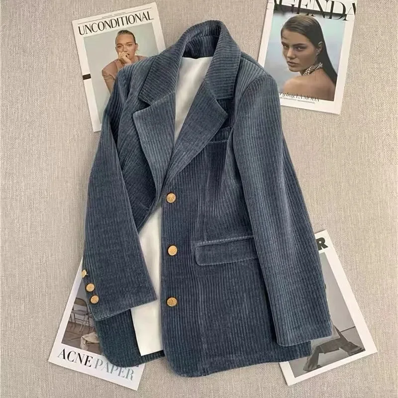 Retro Frauen Lange Ärmel Lose Blazer Mantel Herbst Weibliche Cord Top Jacke Winter Ladise Mode Patchwork Casual Anzug Outwear