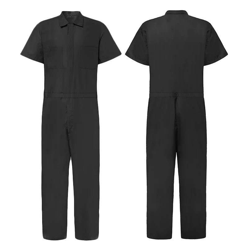 Men Jumpsuit Summer Short Sleeve Loose Cargo Overalls Black Blue Street Wear Pants Front Zipper Romper Joggers Playsuits MY947