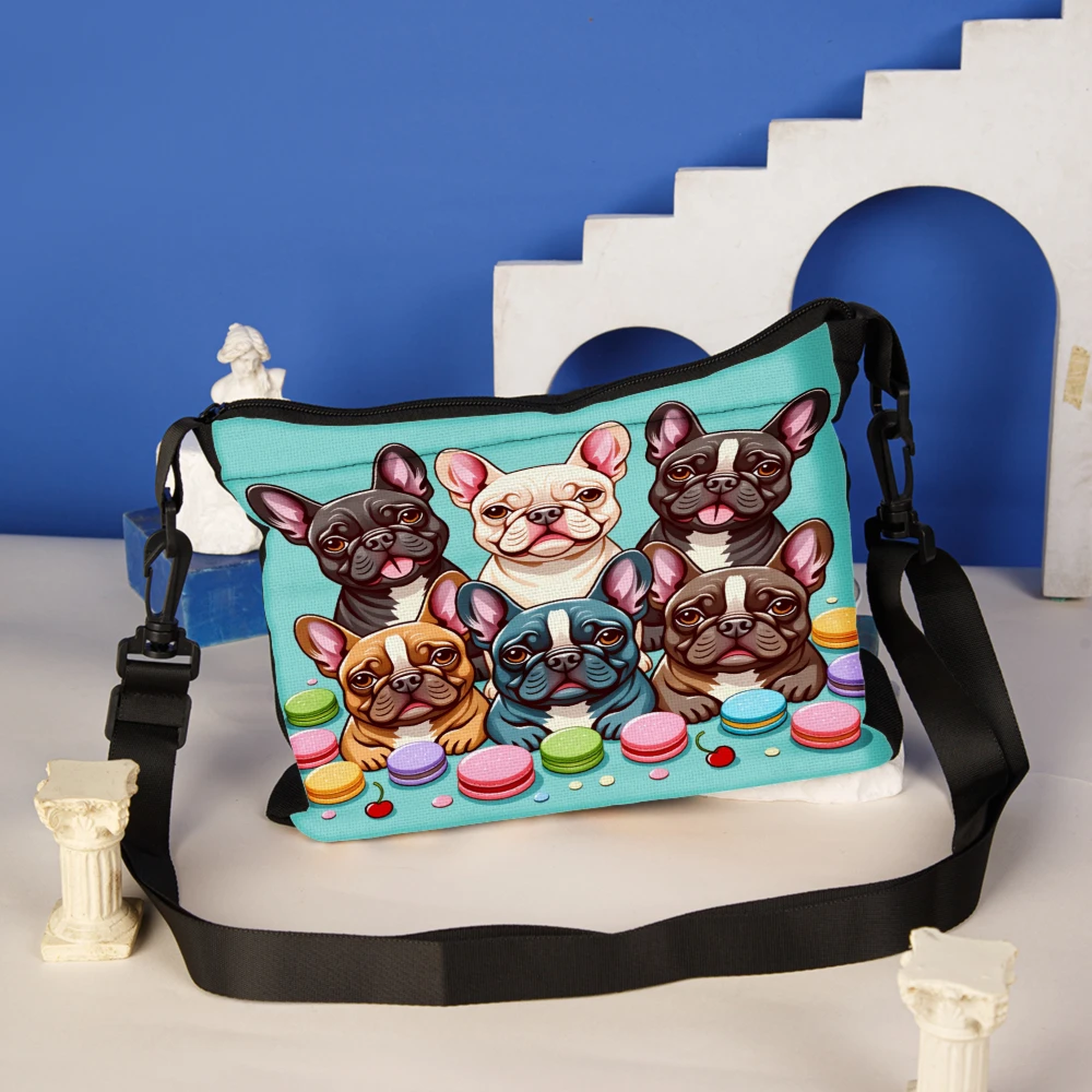 French Bulldog Cartoon Print Crossbody Bag Turquoise Color Six Adorable Puppies With Macarons And Cherry Pattern Shoulder Bags F