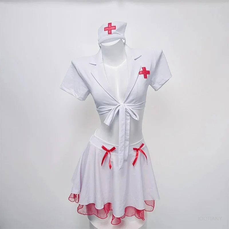 

Sweet Student Jk Uniform Red Bow Nightgowns Deep V Temptation Nightwear New Woemn Sexy Nurse Lingerie Underwear Set