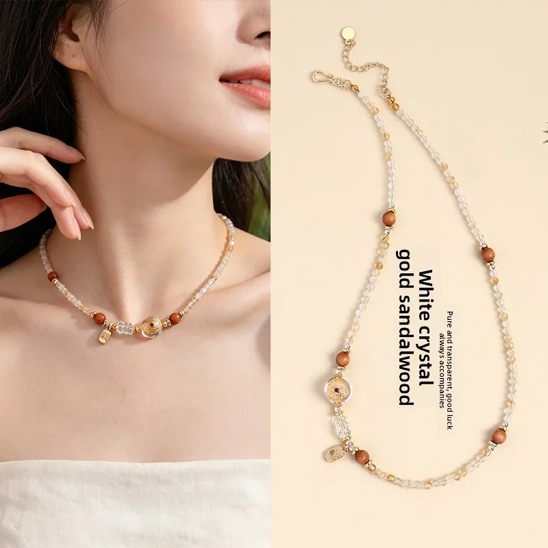 Chinese Style Lucky Fortune Blessing Wealth Attracting Faceted Citrine Sandalwood Beaded Bracelet Necklace Set For Women Fashion