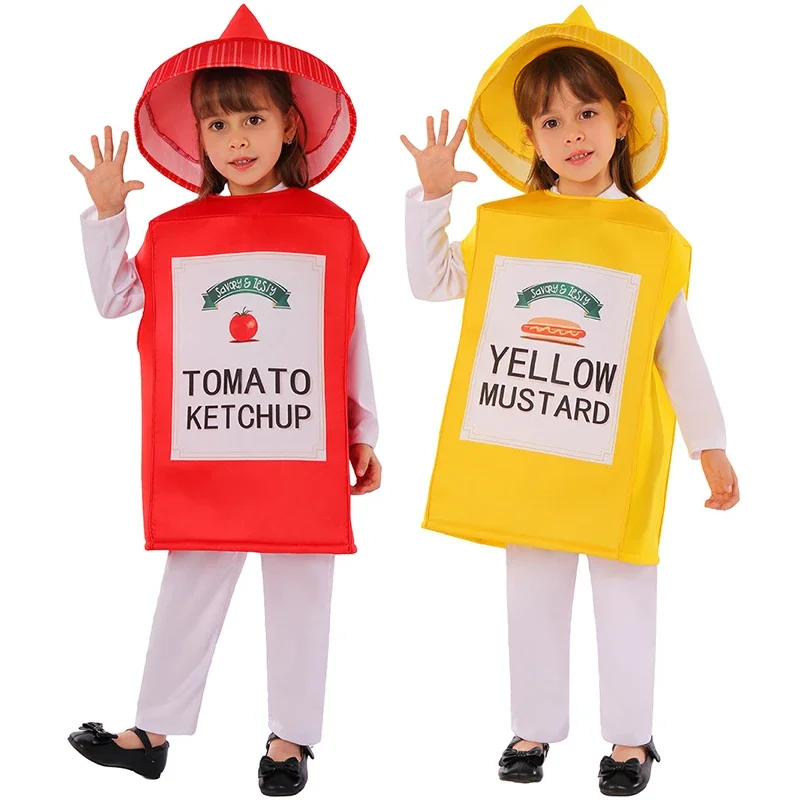 

Детский костюм желтой бутылки горчицы для косплея для девочек, красный костюм бутылки кетчупа для Хэллоуина, Пурима, карнавала, вечеринки