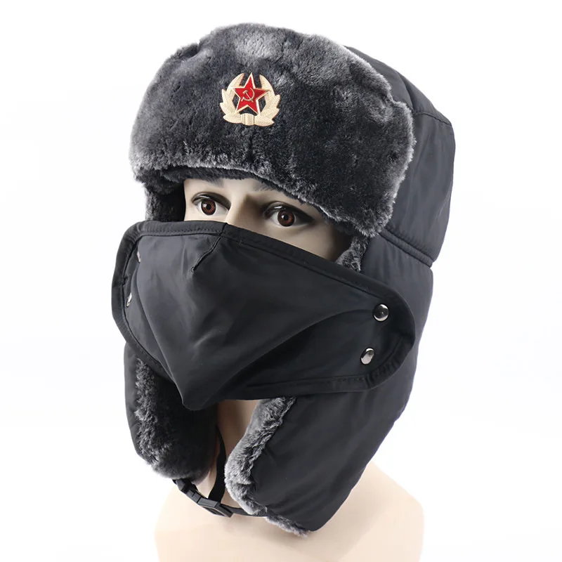 Winter Ushanka Trapper Hat with Face Mask Thick Faux Fur Lined Windproof Ear Flap Cap for Men Outdoor Skiing  Cold Weather