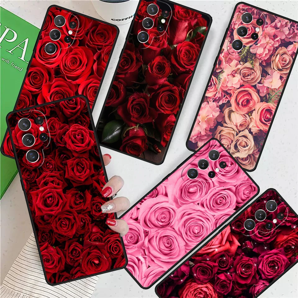 Bright Red Roses Flowers For Samsung Galaxy S24 Ultra S21 S22 S8 S9 S10E Note 10 20 Plus FE S23 Phone case Cover Coque