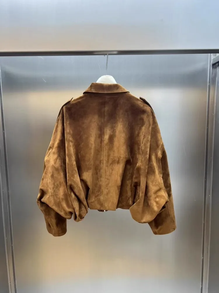 Echtes Leder Wildleder Dame Jacke Batwing Hülse Oberbekleidung Turndown Kragen Schaffell Kurze Jacken Herbst Luxus Lose Fit Mantel