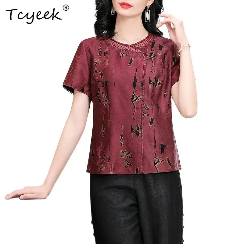 

Tcyeek, 100%Real Silk Watered Gauze Shirt, Women Short Sleeve Embroidery, Loose Commute Vintage Blouse, 2024 Summer T456115QC