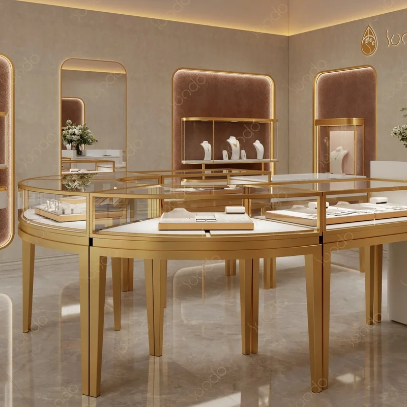 custom.Sundo High End Stainless Steel Gold LED Waterproof Jewelry Display Showcase Cabinet Custom Display Stand Retail