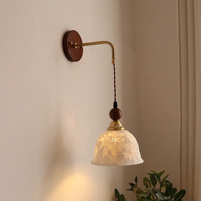 Vintage Embossed Ceramic Wall Sconce E27 Solid Wood Base Adjustable Hanging Cord Wall Lamp for Bedroom Corridor Home Decoration