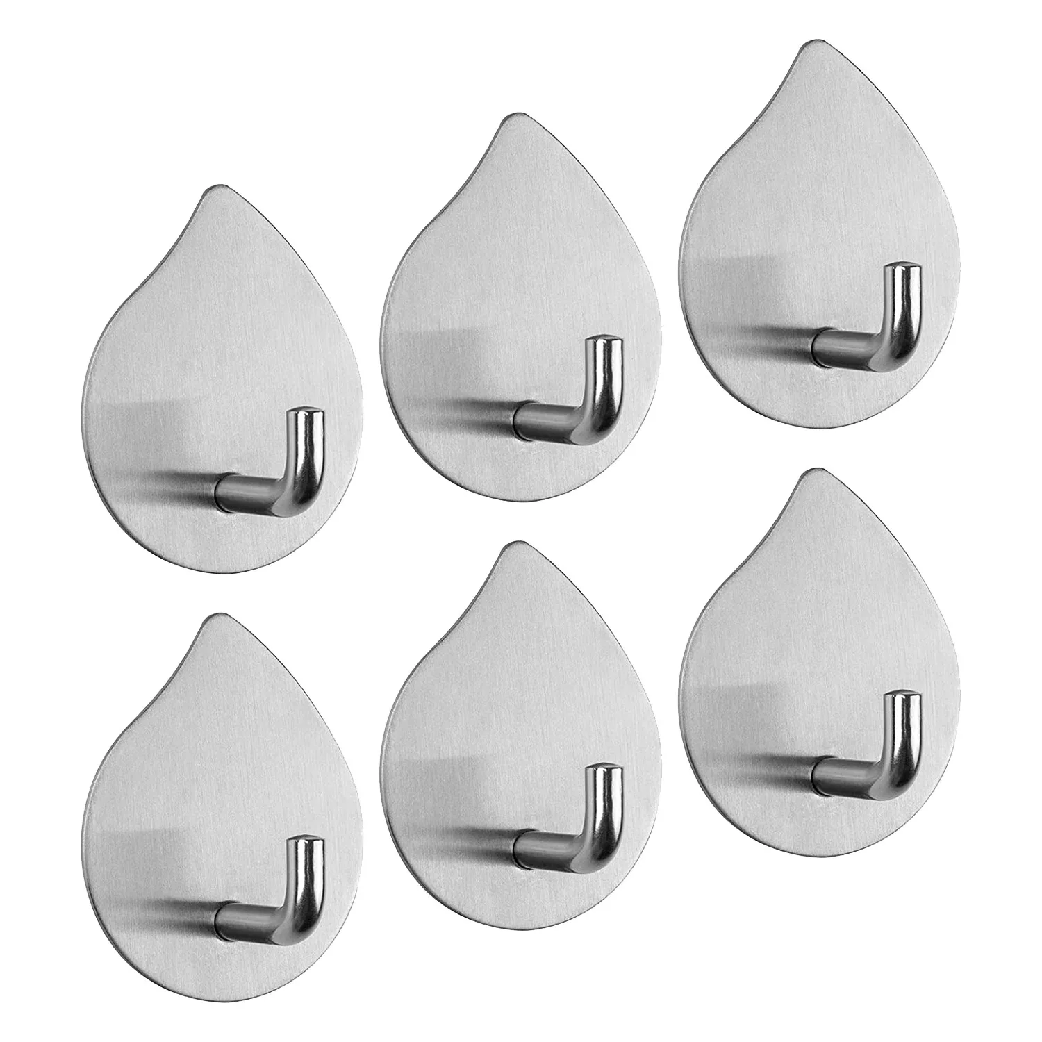 Adhesive Hooks Wall Hooks Bathroom Waterproof Stainless Steel Towels Hooks,for Coat Hat Robe,Waterdrop(Silver,6 Packs)