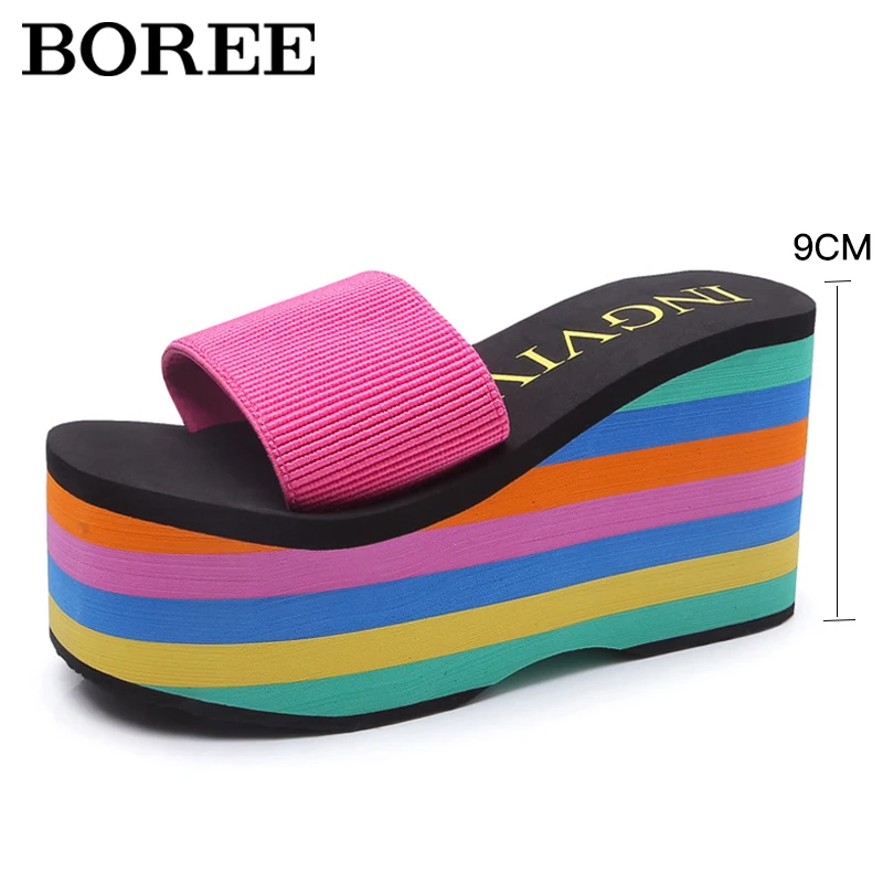 Summer Wedge Slippers Women Platform Sandals Rainbow Beach Flip Flops Home Slippers Open Toe 9cm High Heels Women Shoes Casual