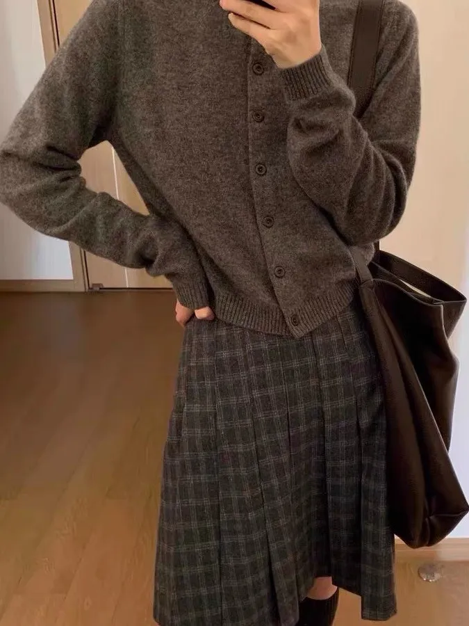 Retro Woolen Plaid Skirt High Waist Pleated Mid-length Autumn Winter plus Size Grey Half-length Skirt for Tall Women
