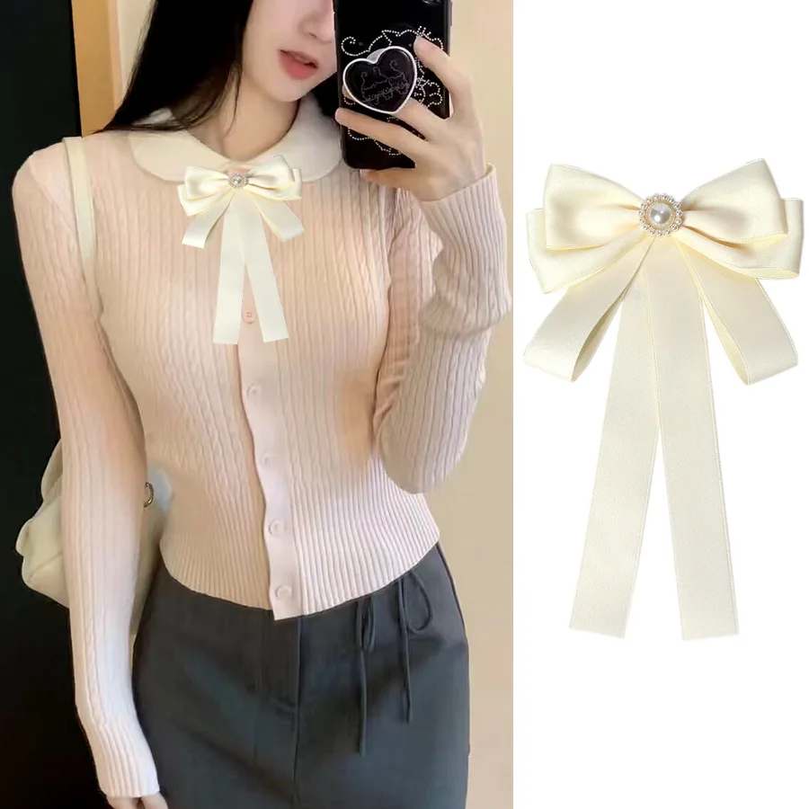 Women's Bow Tie Brooch White Ribbon Rhinestone Pearl Pins Korean Clothing College Style Suit Shirt Accessories Collar Flower