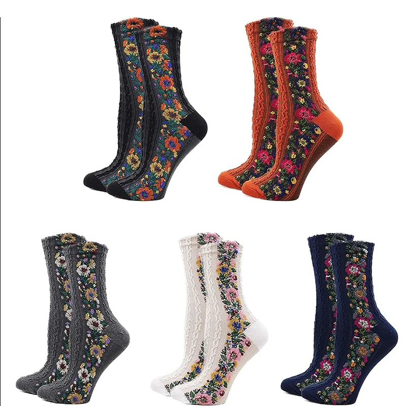 

5 Pairs Winter Warm Boot Socks for Women, Cute Funny Slouchy Cotton Crew Socks, Vintage Floral Knit Novelty Socks, Red