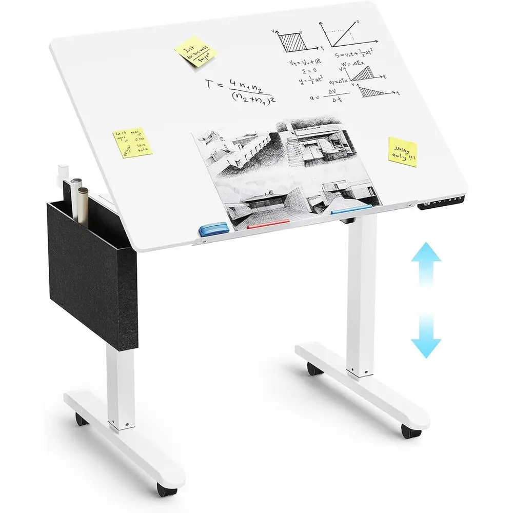 

Electric Adjustable Height Drafting Desk with Flip-Up Whiteboard, Mobile Art Desk on Wheels with Storage for Home, Office, Studi