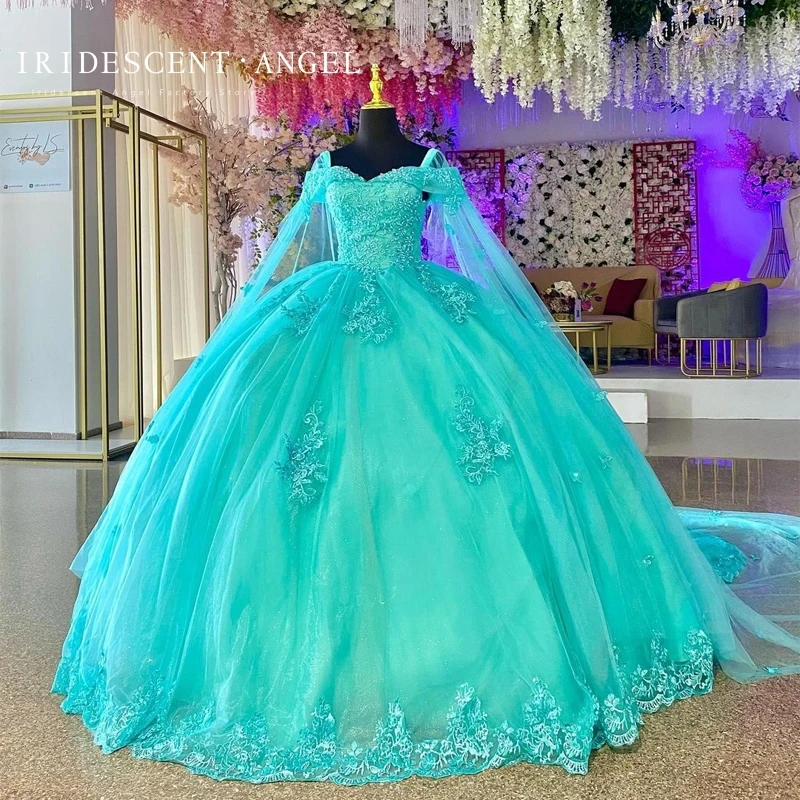 Schillerndes Ballkleid mint grüne Quince anera Kleider mit langen Umhang Applikationen Prinzessin Pornos de 15 Años formelle Party schnüren heiß