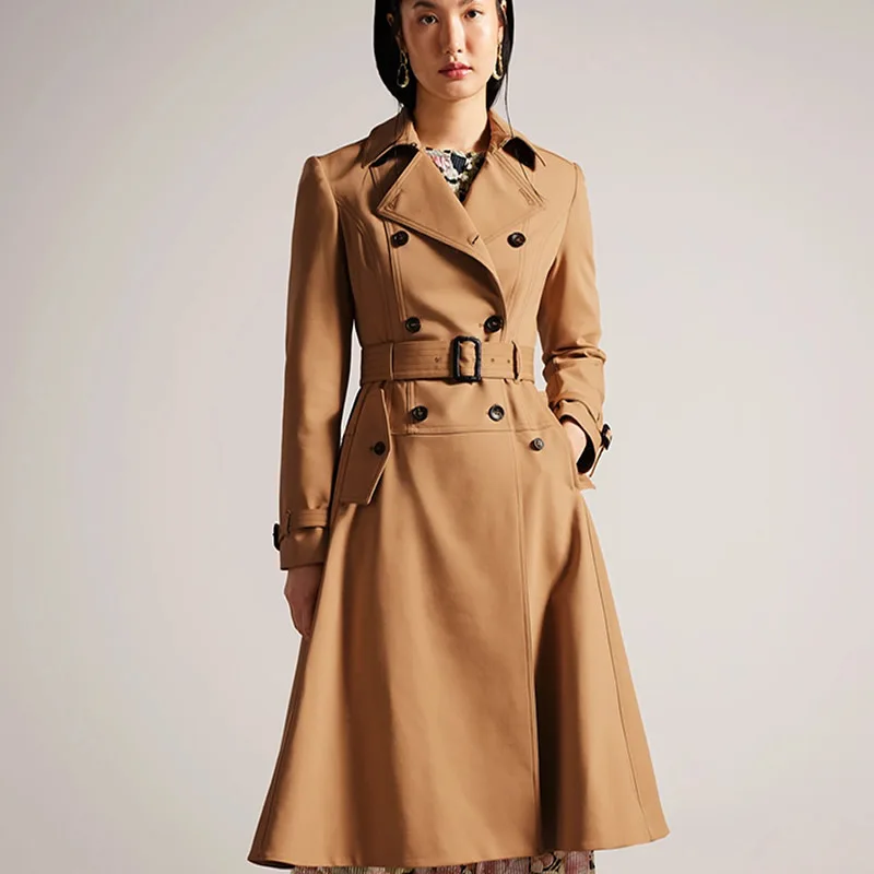 

Fashion Double Breasted Long Sleeve Coat Classic Design Women Solid Khaki Trenchcoat