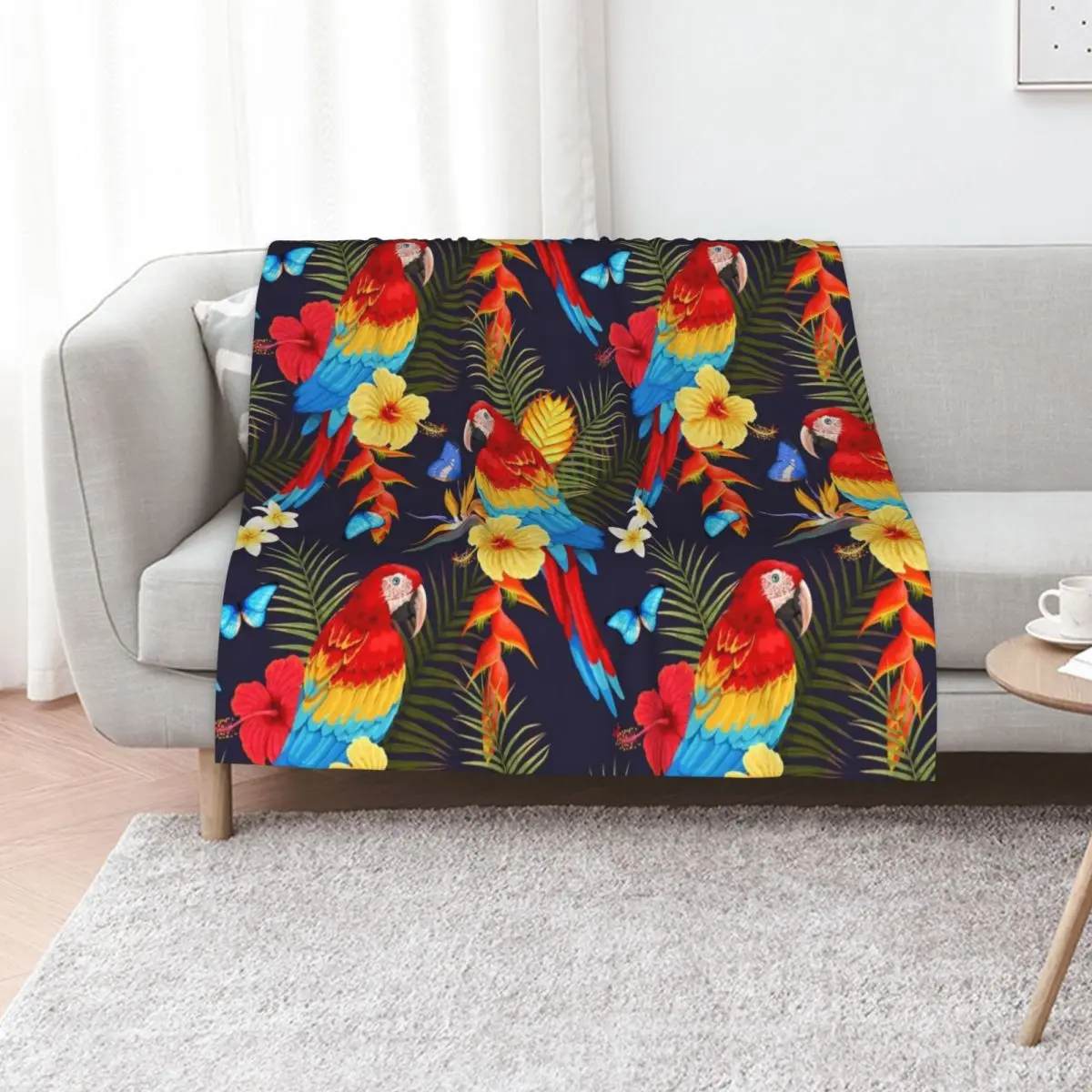 Wild Macaws Painting (Black) - Exotic Tropical Birds - Colorful Parrots Throw Blanket decorative Hairy Designers Blankets