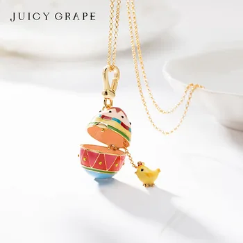 Juicy grapes little yellow chicken easter egg Charms necklace keychain sweater chain handmade enamel jewelry 18K gold plated