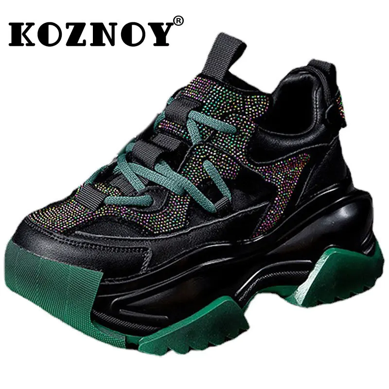 

Koznoy Women's Spring Boots with Rhinestones 7Cm Genuine Leather Autumn Platform Wedge Mixed Color Fashion Chunky Sneakers Shoes