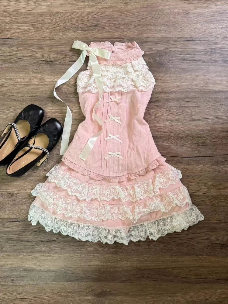 Summer Sweet Cute Pink Lace Up Women Outfits Lace Bow Slim Y2k Crop Tops + High Waist Mini Skirt Elegant Fashion 2 Piece Sets