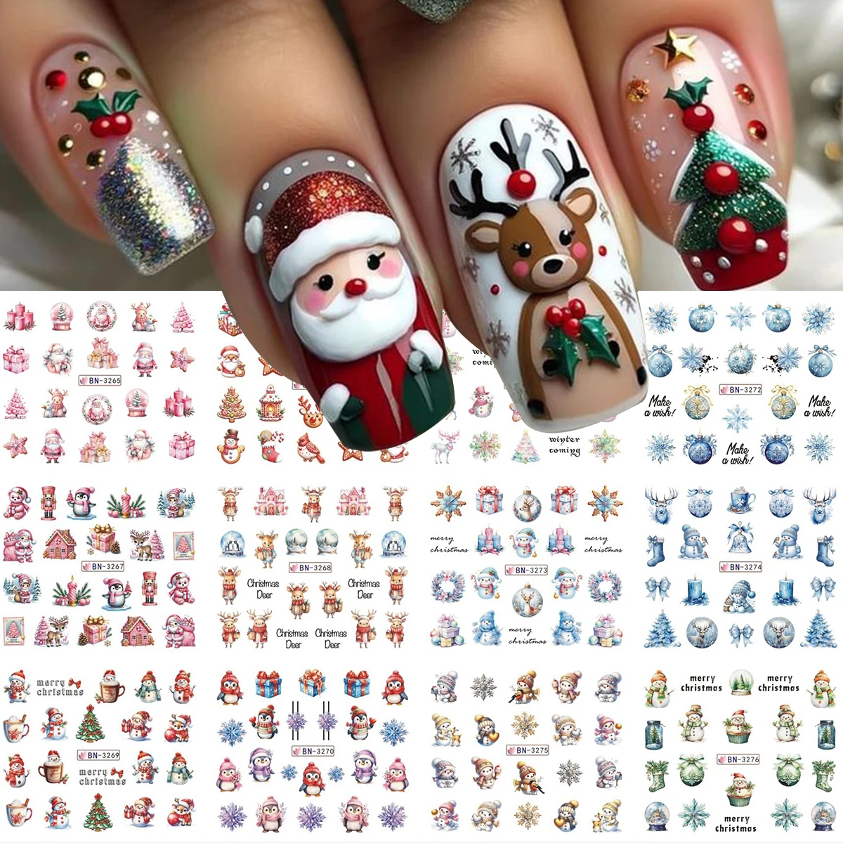 12 قطعة عيد الميلاد احتفالي مسمار الفن ملصقات لطيف الكرتون ثلج سانتا كلوز الجوارب أجراس الثلج البطاريق نقل المياه المنزلق #2