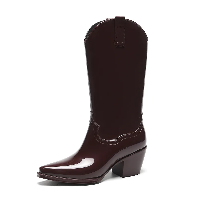 Long Rain Boots Women\'s Fashion High Heel Gunboots H Black Knight Bot Soft Rubber Waterproof Rubber Shoes