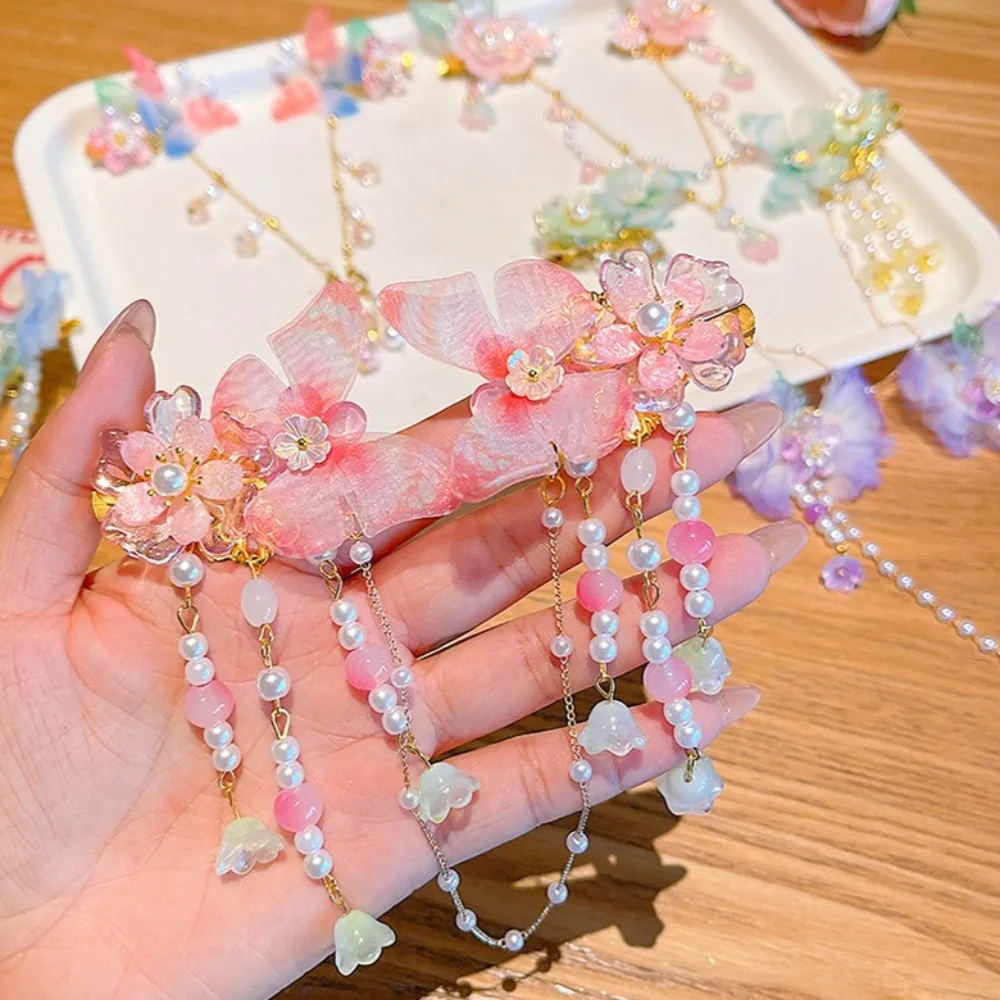 

Заколка для волос в стиле милой принцессы с бабочками, жемчугом и бантом, для женщин и детей, милые заколки-зажимы для затылка, аксессуары для волос для девочек