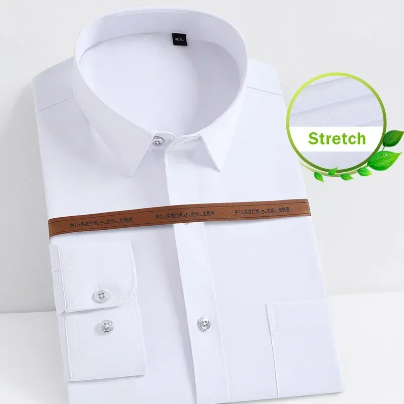 Stretch Black Men's Dress Shirts For Man Long Sleeved Shirt Classic Solid Slim Fit Camisa Social Business White Blue Men Shirt