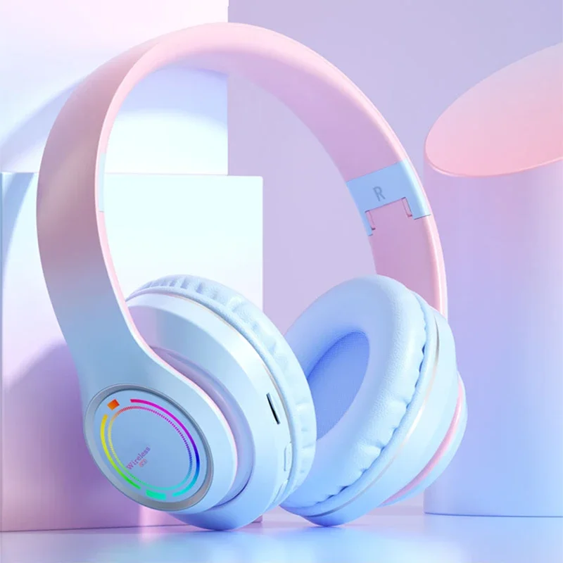Auriculares inalámbricos Bluetooth Auriculares con luz multicolor con micrófono se pueden insertar Tarjeta SD Auriculares estéreo HIFi